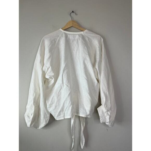 NEW Just Bee Queen Adri Tie Front V-Neck Banded Cuff Balloon Sleeve Top White - Picture 6 of 7